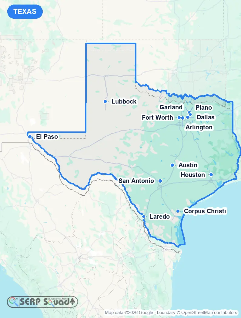 Map of Texas, USA, marking the 12 cities where we run local SEO campaigns