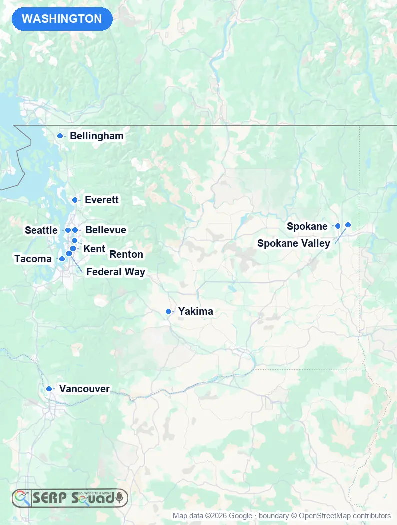 Map of Washington, USA, marking the 12 cities where we run local SEO campaigns