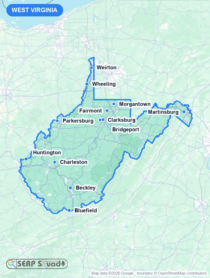 Map of West Virginia, USA, marking the 12 cities where we run local SEO campaigns