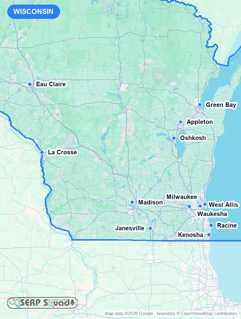 Map of Wisconsin, USA, marking the 12 cities where we run local SEO campaigns