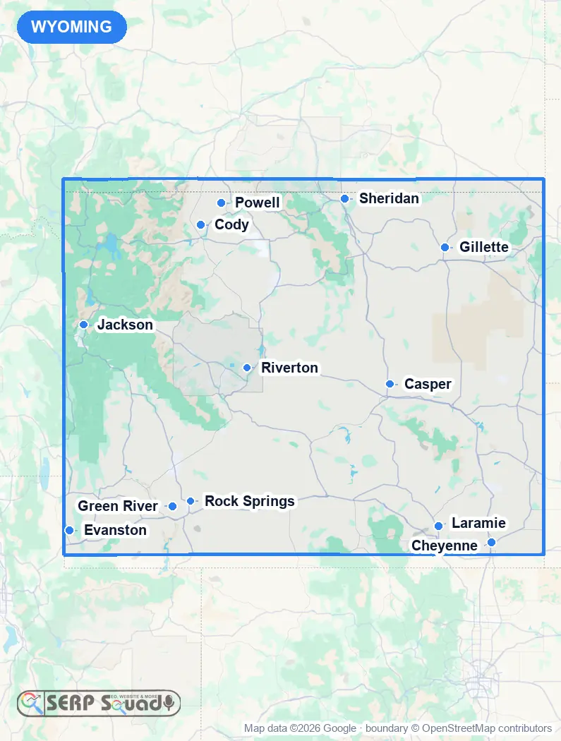 Map of Wyoming, USA, marking the 12 cities where we run local SEO campaigns