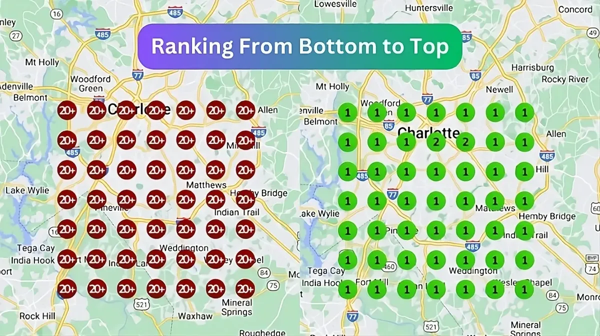 Charlotte geo-grid before and after local SEO: 20+ rankings across the service area turned into rank 1 at every point
