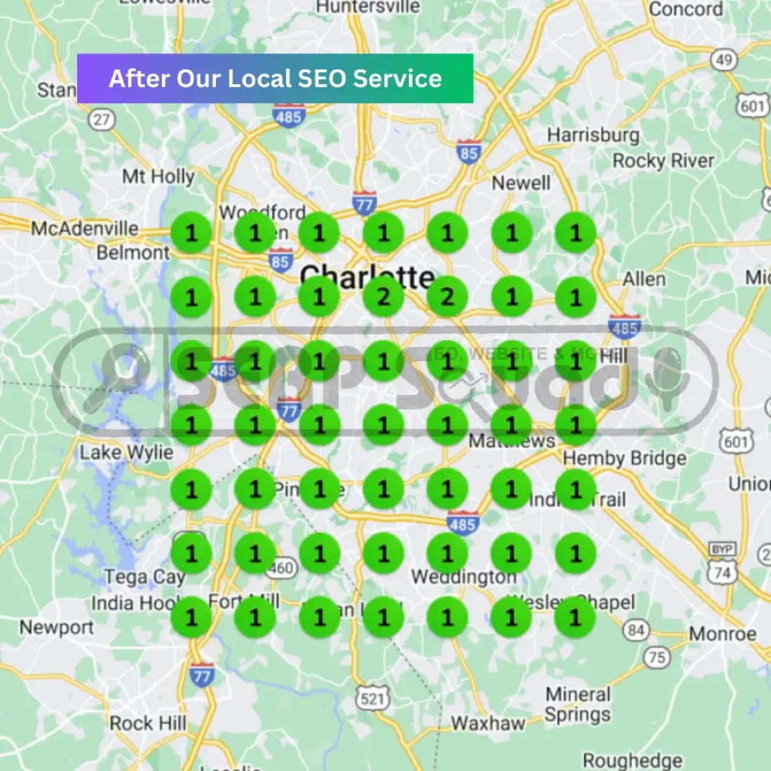 Geo-grid map after local SEO: rank 1 across the whole Charlotte service area