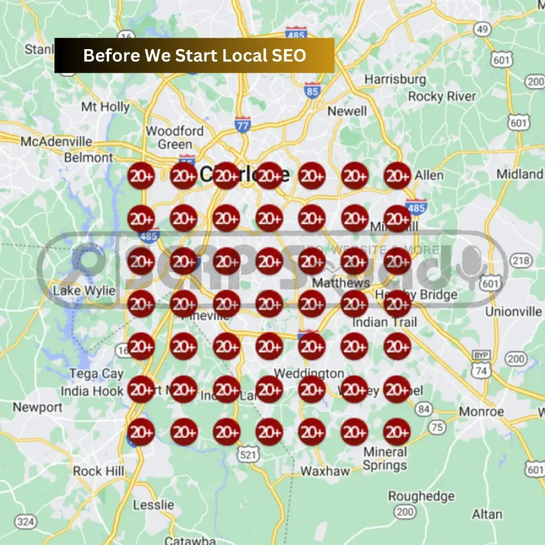 Geo-grid map before local SEO: the client invisible across the Charlotte service area
