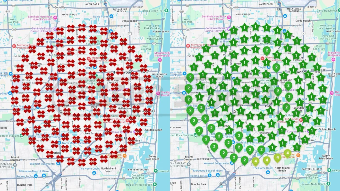 Geo-grid map ranking comparison across the Miami metro: invisible at every scan point before local SEO, then rank 1 and 2 across the whole service area after