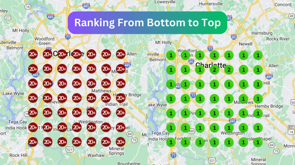 Geo-grid ranking proof for a SERP Squad local SEO client: red bottom rankings turned into green top positions across the map