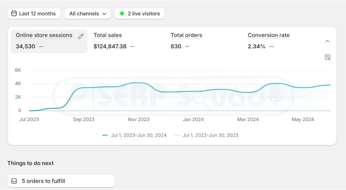 Shopify client dashboard: 124,847 dollars in sales and 830 orders in 12 months