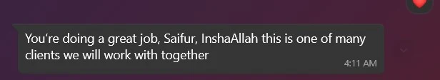 WhatsApp message from a white label SEO partner agency: you are doing a great job Saifur, this is one of many clients we will work with together