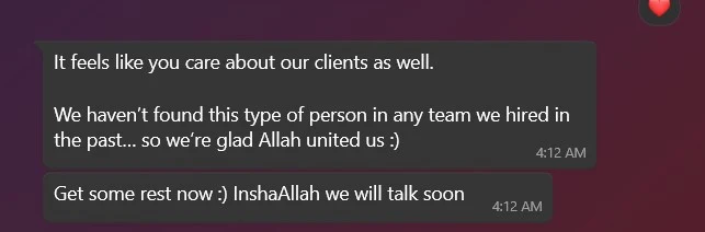 WhatsApp messages from a partner agency saying SERP Squad cares about their clients like no team they hired before