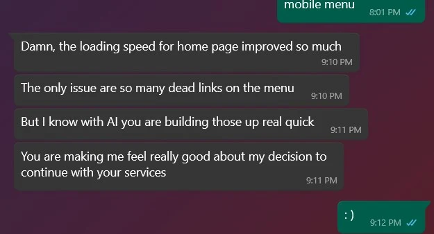 WhatsApp messages from a website client: homepage loading speed improved so much, feeling really good about continuing with SERP Squad