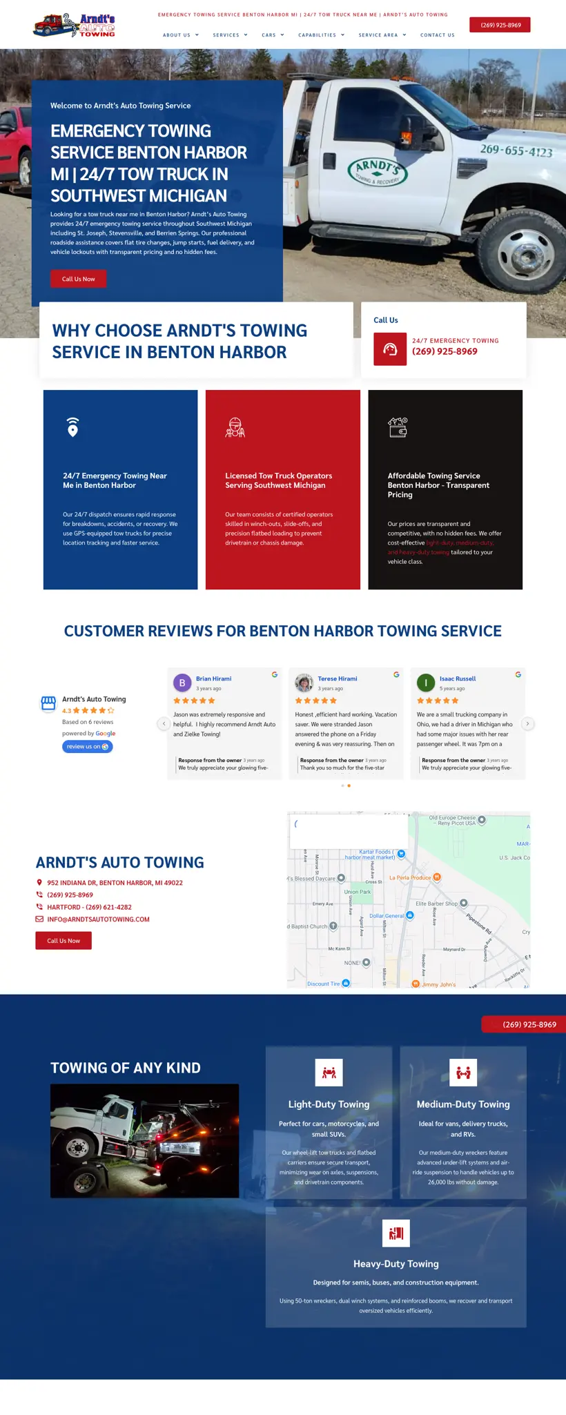 Full-length view of the Arndt's Auto Towing website designed by SERP Squad