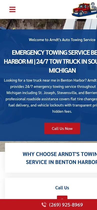 Mobile view of the Arndt's Auto Towing website