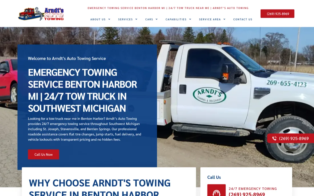 Arndt's Auto Towing website: emergency towing site for Southwest Michigan with real fleet photo and keyword headline