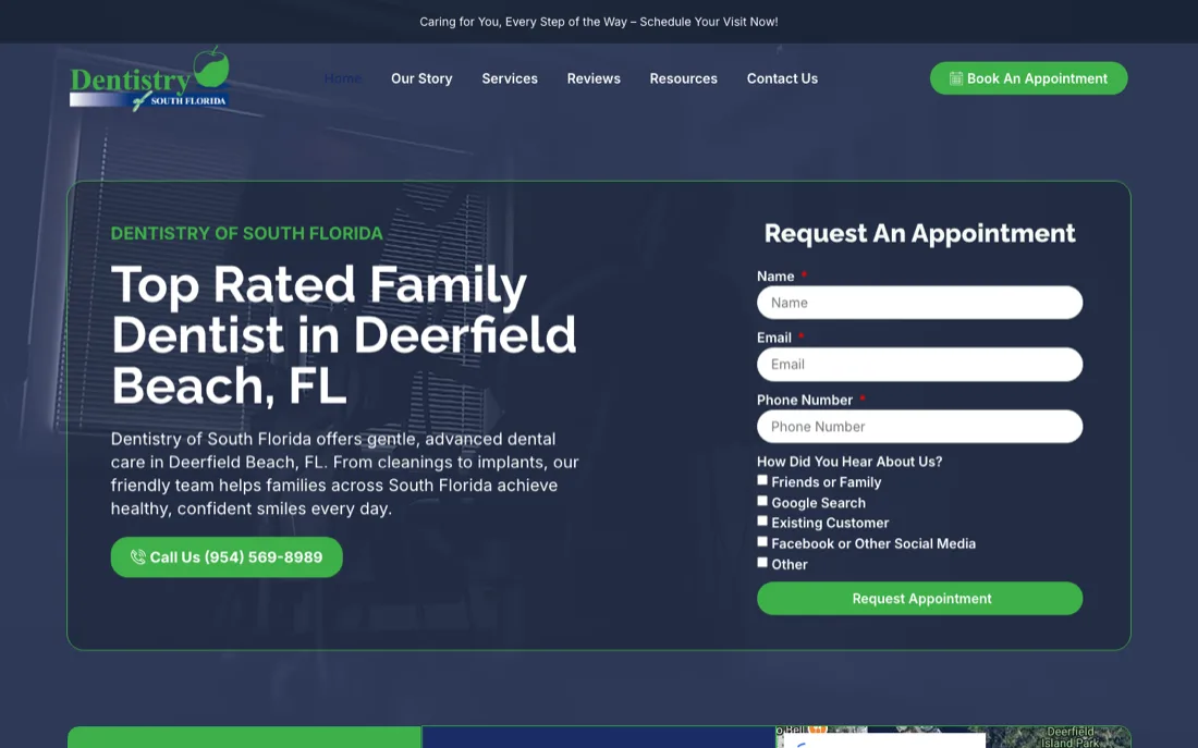Dentistry of South Florida website: dental practice site with hero appointment request form and services navigation