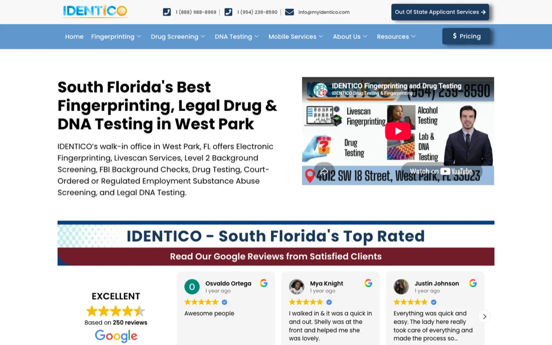 IDENTICO website: fingerprinting and drug testing site for West Park Florida with video hero and Google reviews carousel