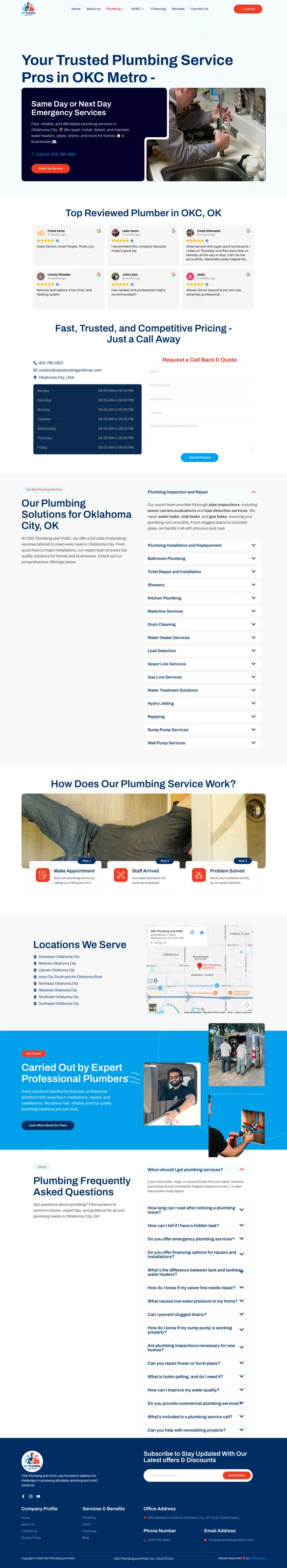 Full-length view of the OKC Plumbing and HVAC website designed by SERP Squad, with emergency plumbing hero, reviews and service accordions