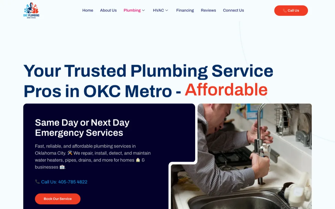 OKC Plumbing and HVAC website: conversion-focused plumbing page with same-day emergency panel and booking button