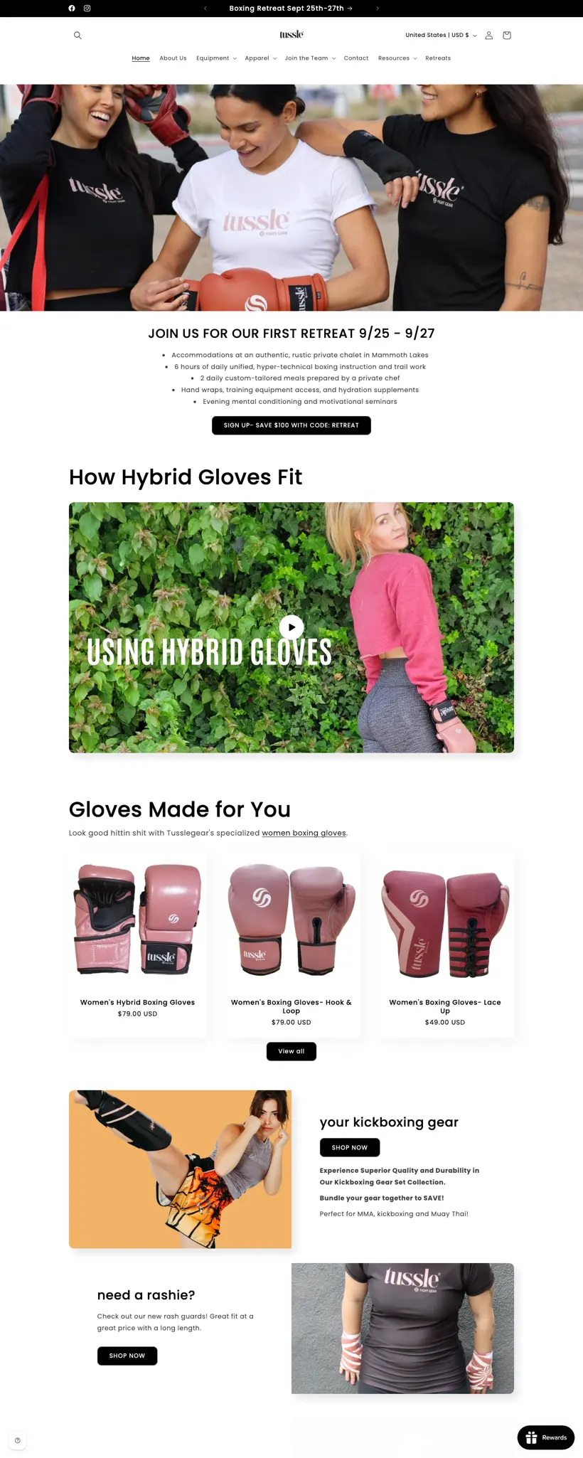Full-length view of the Tussle Gear boxing and kickboxing ecommerce store designed by SERP Squad, with product grid and retreat campaign