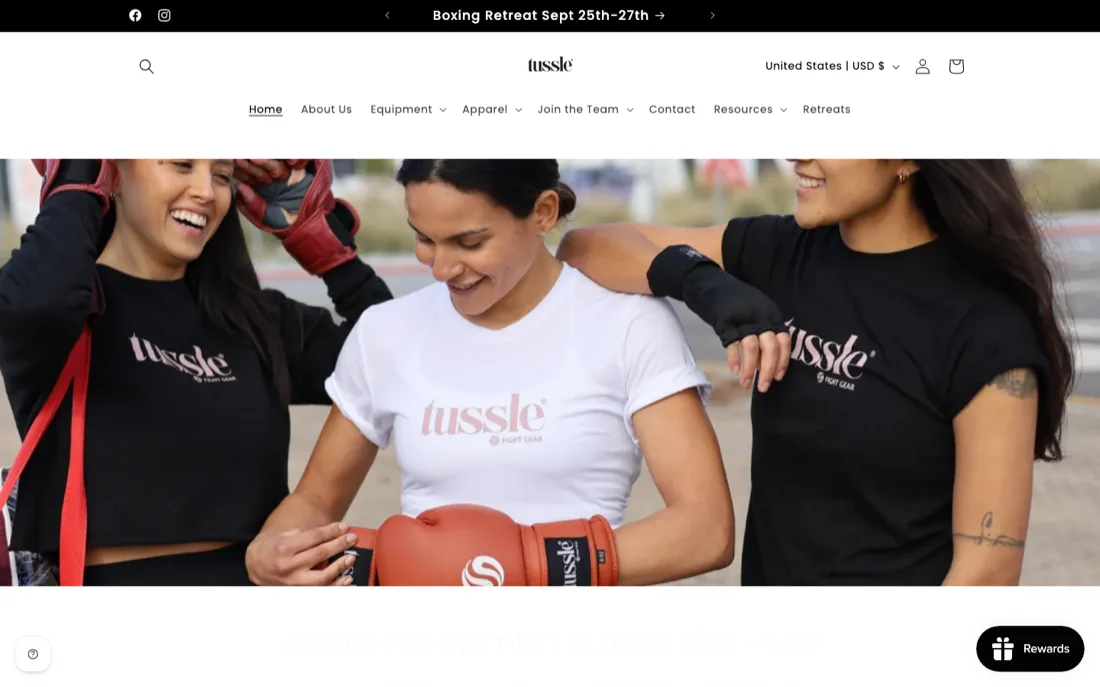 Tussle Gear ecommerce store: boxing gloves product grid, campaign hero and Shopify storefront designed by SERP Squad