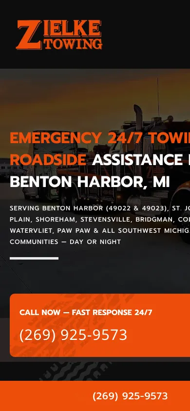 Mobile view of the Zielke Towing website