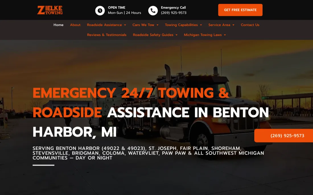 Zielke Towing website: 24/7 towing site for Benton Harbor Michigan with emergency header and tow truck hero